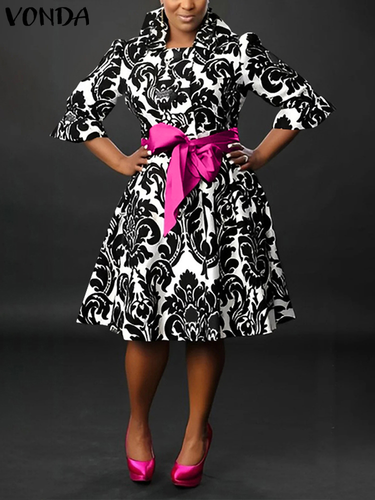 Vonda-女性の膝丈プリントドレス,エレガントなサンドレス,スタンドカラー,リボンベルト,カジュアルドレス,ボヘミアン,ラージサイズ,5xl,2025