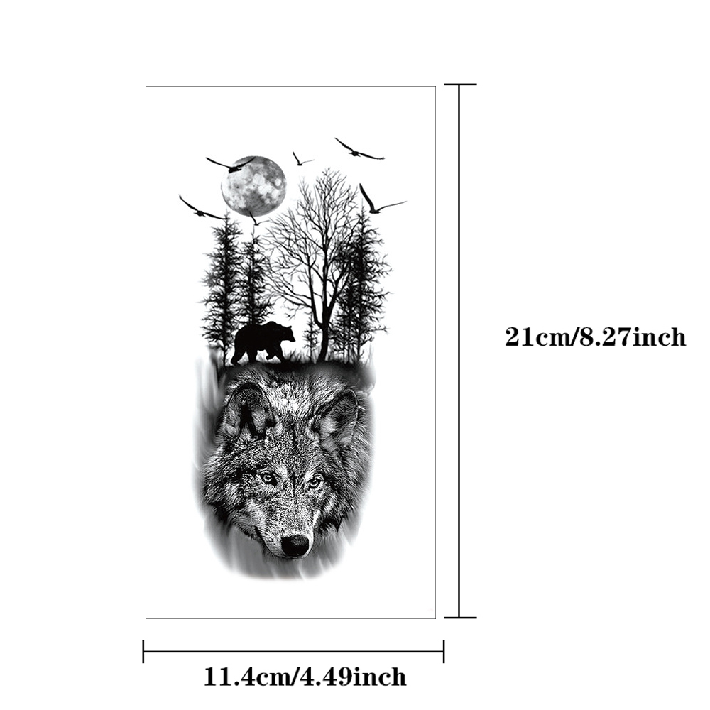 男性と女性のための一時的な入れ墨のステッカー,ライオン,オオカミ,クマ,森,月,本体,アート,腕,偽のデザイン,袖,1個