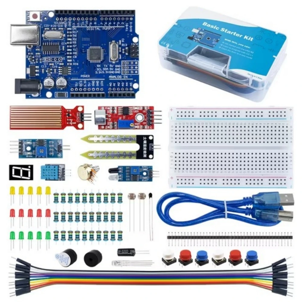 Kit de iniciación de proyecto DIY de placa de pruebas de 400 puntos de amarre para Arduino UNO R3, Kit electrónico DIY, juego de componentes electrónicos con caja