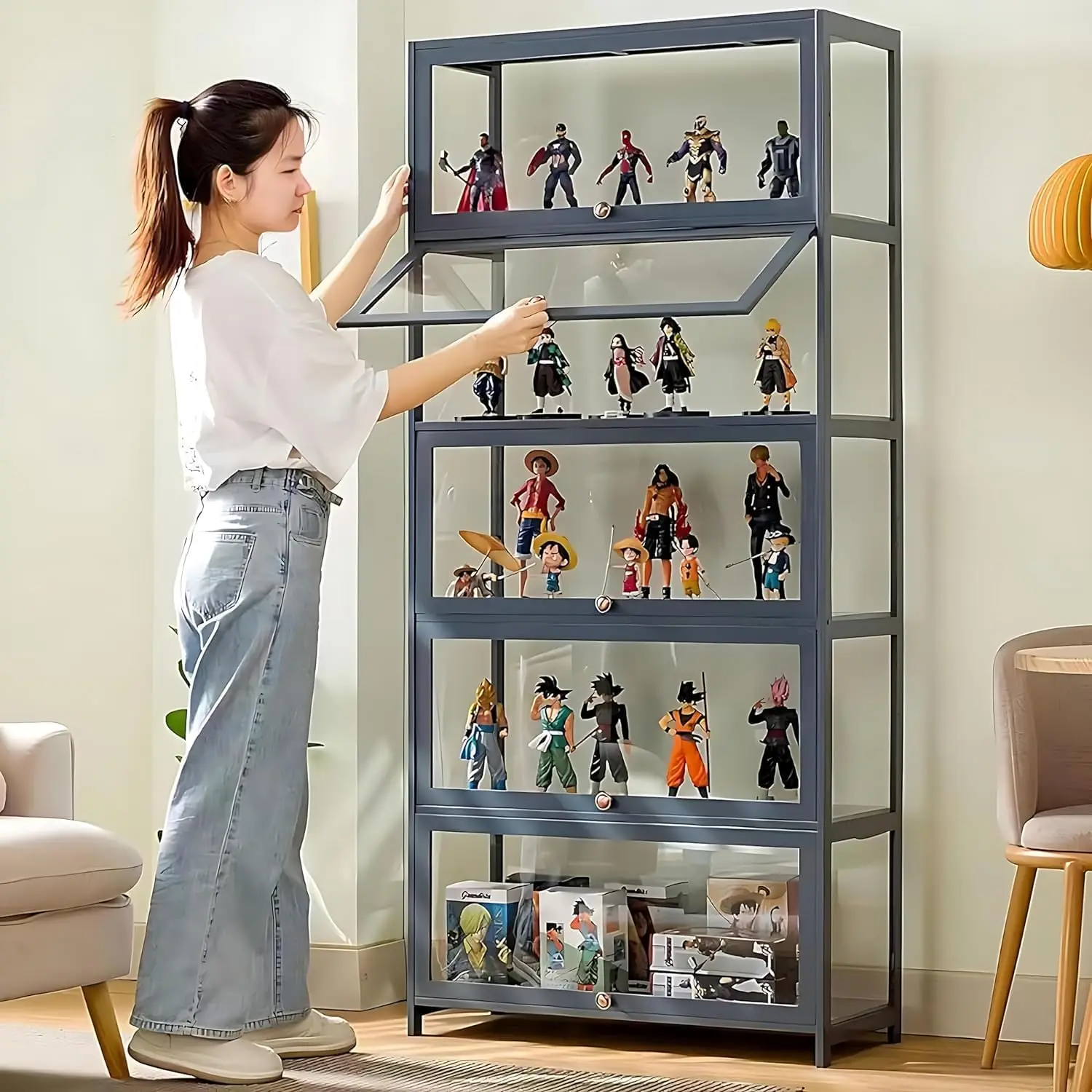 5-Tier Display Cabinet with Acrylic Doors, 67” Transparent Bamboo Curio Display Case for Figures, Display Shelves for Collectibl