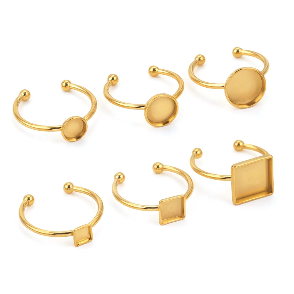 10 Uds. Ajustes de anillo abierto de acero inoxidable ajustables Base en blanco bisel cabujones anillos para fabricación de joyería DIY anillo de dedo en blanco