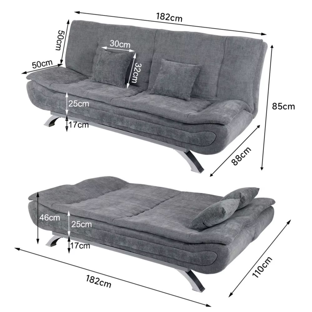 Grey Shell 3 Seater Recliner Sofa Bed with 2 Pillows  for Living Room Bedroom Home Office Study