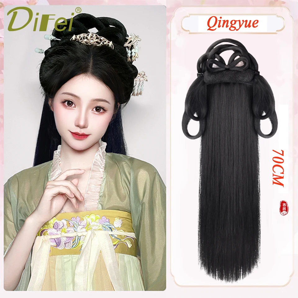 Bun sintético traje Hanfu, Classes chinesas Bun, Cabelo longo com meia cabeça Chignon, Peruca Headband