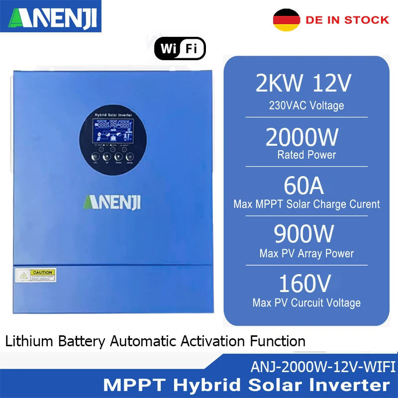 2KW 12V Hybrid Solar Inverter MPPT Pure Sina Wave Inverter Off Grid 220Vac Integrierter 60A Solar Laderegler PV 160VDC wifi