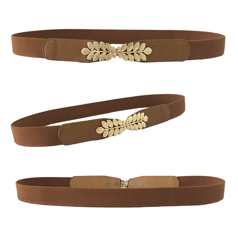 Mode Blad Taillebanden Rekbare Dame Hot Elastische Cummerbunds Voor Vrouwen Donkerblauwe Riem Jurk Goud Dubbele Metalen Gesp Tailleband