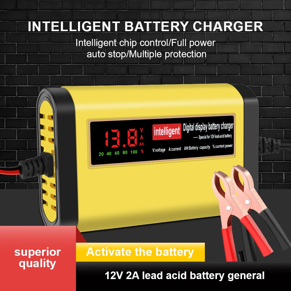 Carregadores de bateria automotiva 2a 12v, 3 estágios, reparo de pulso inteligente, manutenção de bateria de carro, armazenamento, dispositivo de carregamento de célula digital