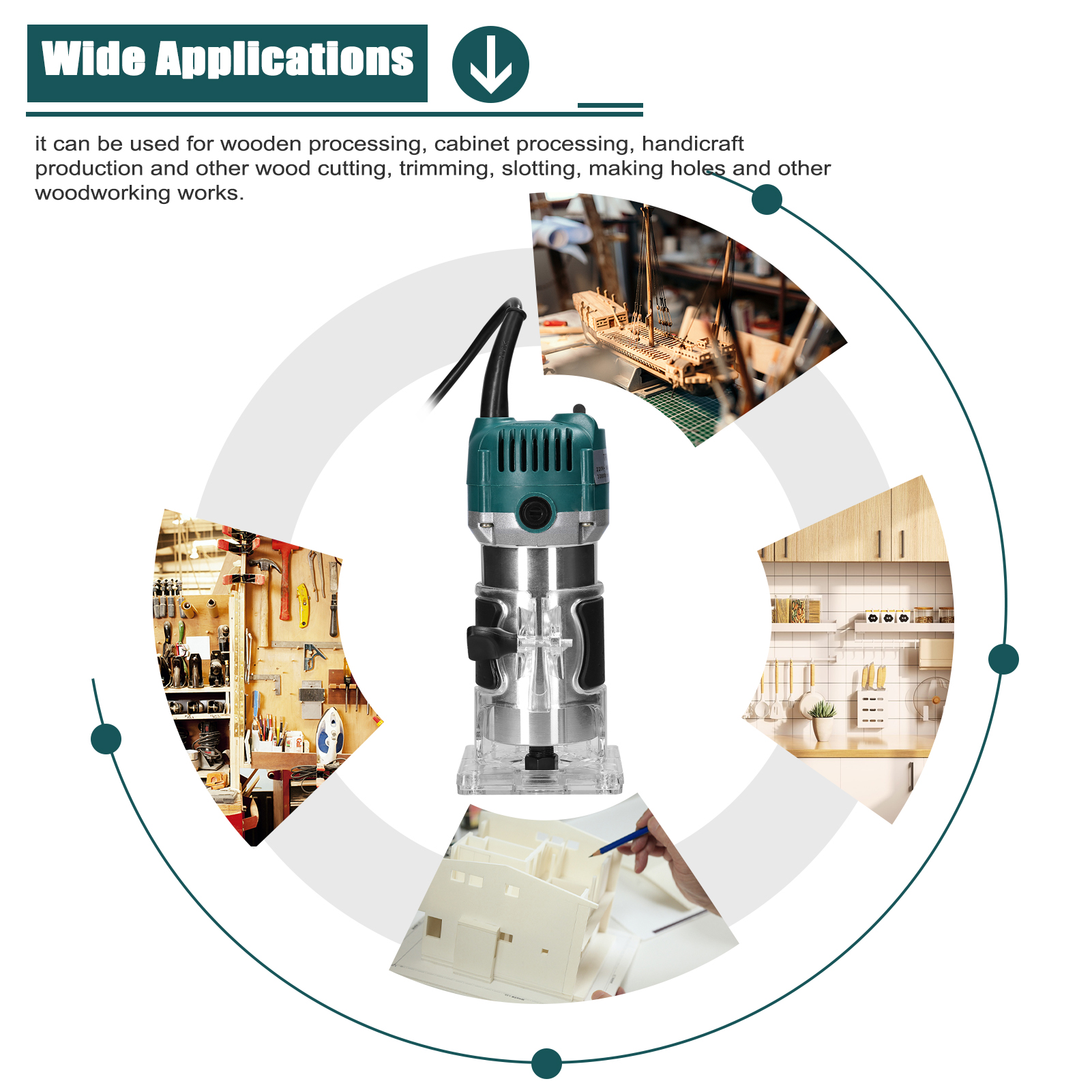 Trimmer elettrico Fresatura del legno multifunzionale Rifilatura Incisione Stozzatrice Versatile utensile elettrico per router per la lavorazione del legno con 1