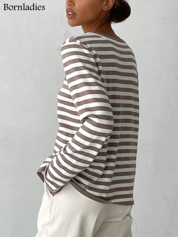 Bornladies-suéter de punto a rayas para mujer, jerséis gruesos informales holgados, Tops cálidos de manga larga con cuello redondo, otoño e invierno, 2024