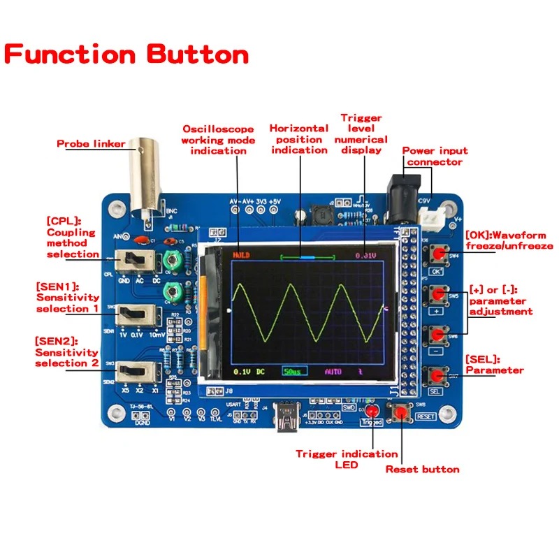 DSO138 Kit oscilloscopio digitale Circuito elettronico microcontrollore fai-da-te adatto per kit di formazione per l'insegnamento elettronico
