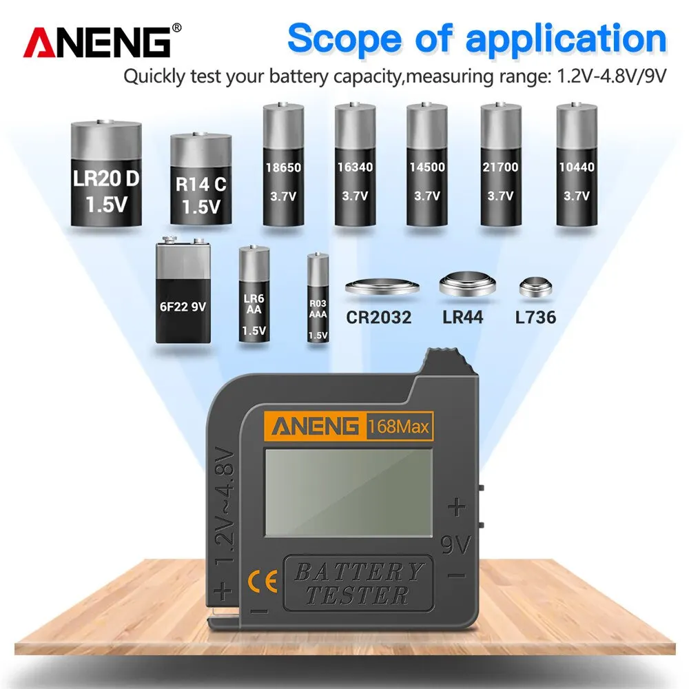 Aneng เครื่องทดสอบแบตเตอรี่ลิเธียมแบบดิจิตอล, เครื่องทดสอบแบตเตอรี่ลิเธียมแบบสากล168Max เครื่องวิเคราะห์โหลดลายตารางหมากรุกเครื่องวิเคราะห์โหลดเซลล์ปุ่มตรวจสอบ AAA
