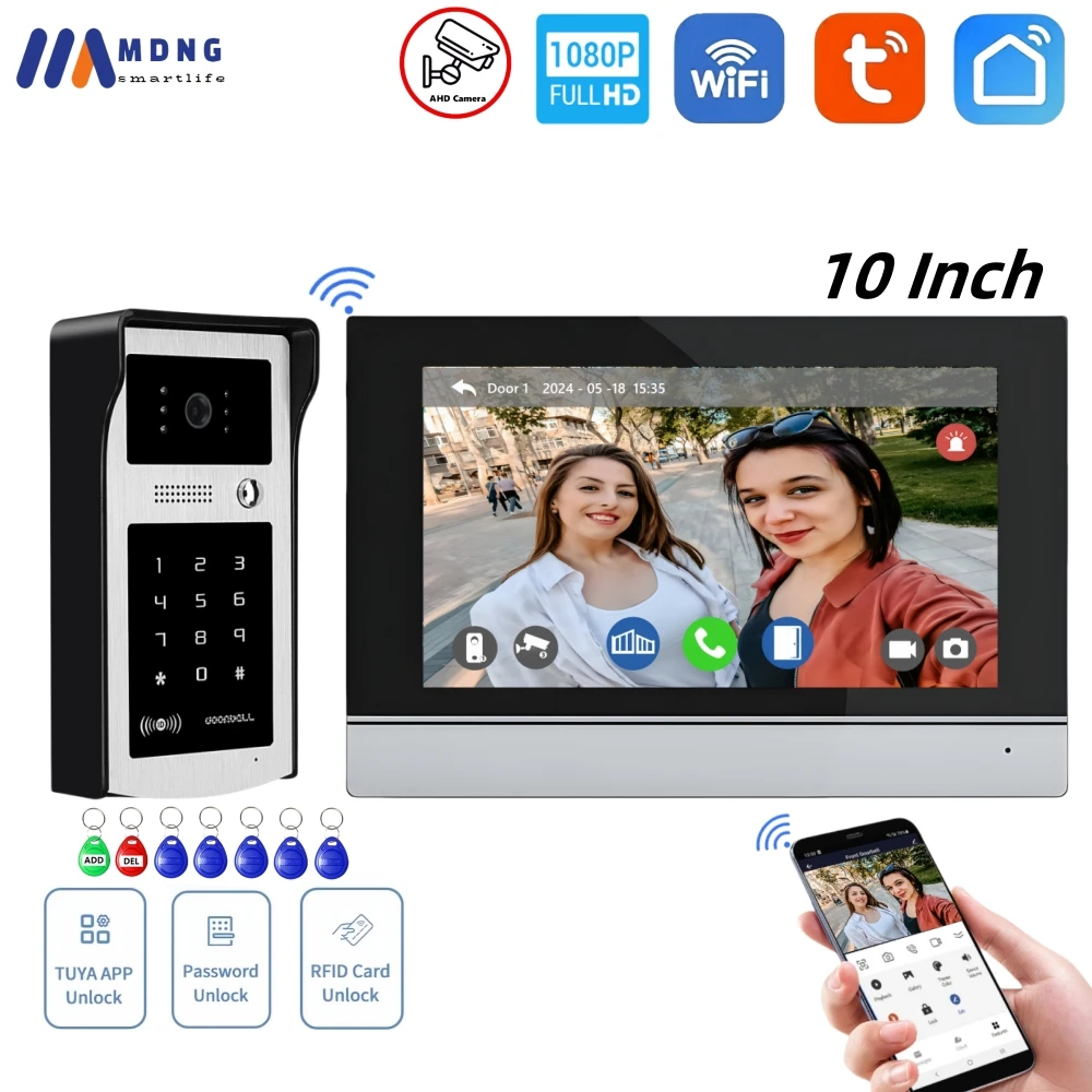 10 pulgadas Tuya Smart Home Video timbre sistema de intercomunicación inalámbrico Video puerta teléfono WIFI 1080P timbre cámara RFID contraseña desbloqueo