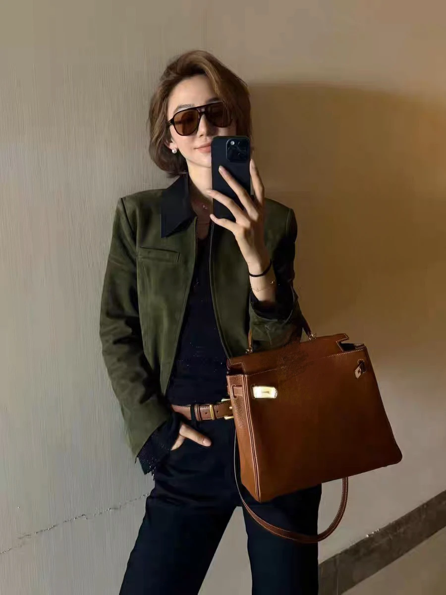 Veste d'hiver rétro en daim 100% cuir pour femme, manteau ajusté avec col et poche, 100% peau de mouton, revers