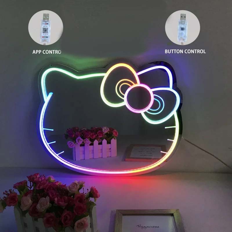 Kitty Cat LED Neon Spiegel Anime Pink Cat Neon Schild Wand montiert Make-up Spiegel APP Steuerung dimmbar Beauty Shop Studio Dekor