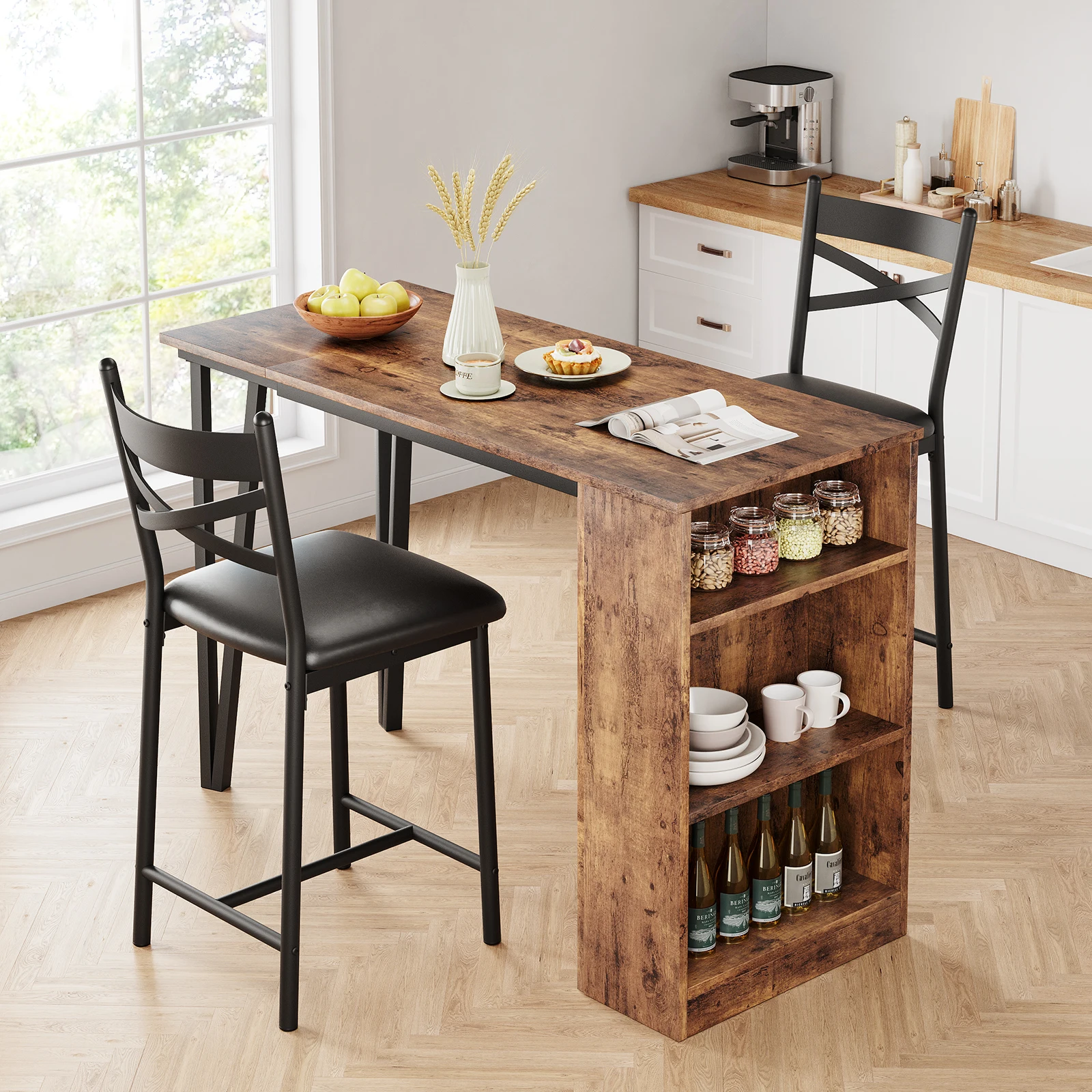 Mesa e cadeiras de bar de cozinha Conjunto de mesa de cozinha de 3 peças com 2 cadeiras estofadas com prateleiras de armazenamento para sala de jantar