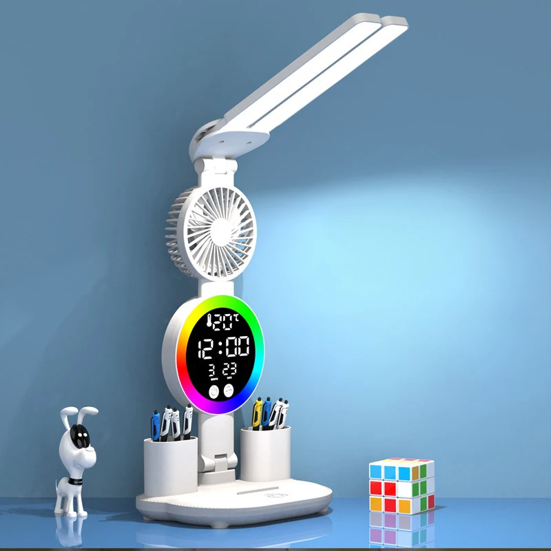 Wiederaufladbare LED-Tischlampe für Arbeitszimmer, Schreibtischlampe, Leselicht, LED-Nachtlicht mit Ventilator, LED-Uhr, Display, Lesen, Schreibtischleuchte