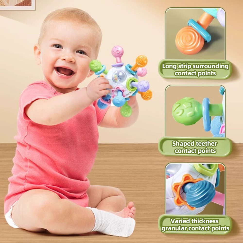 Palla da presa Baby Manhattan: massaggiagengive, sonaglio e giocattolo da presa in gomma morbida 3 in 1 per l'educazione precoce e il sollievo dalla dentizione