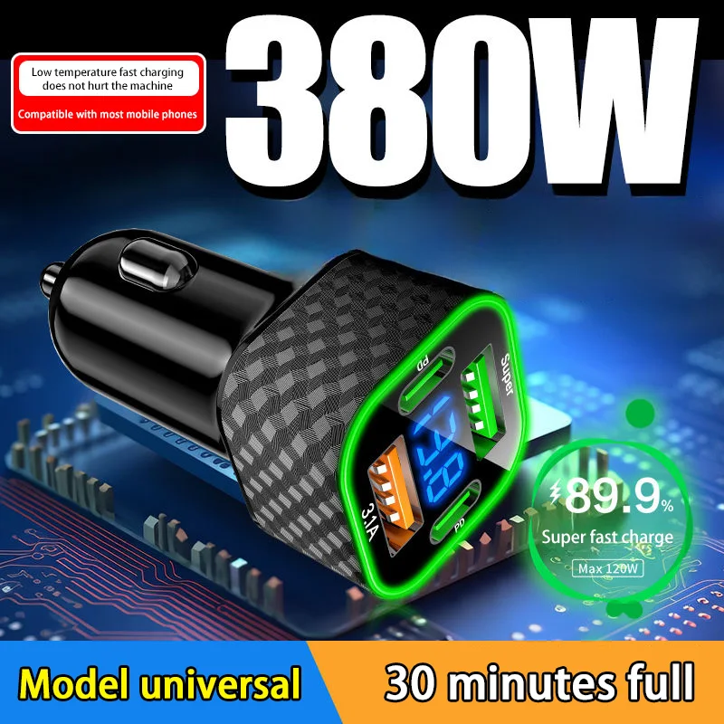 Xiaomi 380W USB C Car Phone Charger Dual PD 4 in 1 with Voltage Display Super Fast Charge Adapter for iPhone Oppo Vivo Samsung