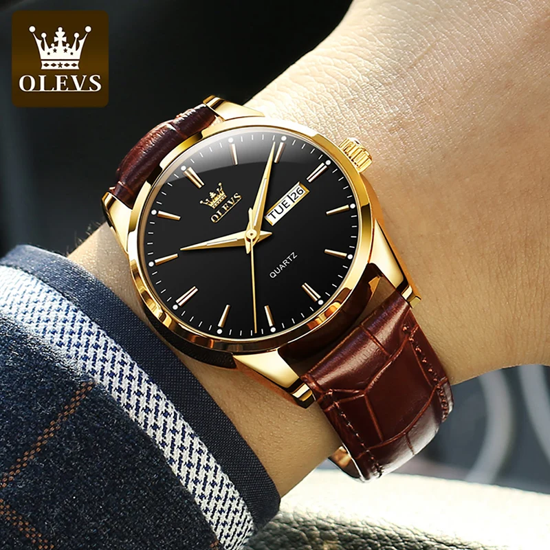OLEVS, relojes de cuarzo para hombre, marca de lujo, moda informal, reloj para hombre para regalos, reloj de pulsera luminoso resistente al agua de cuero transpirable
