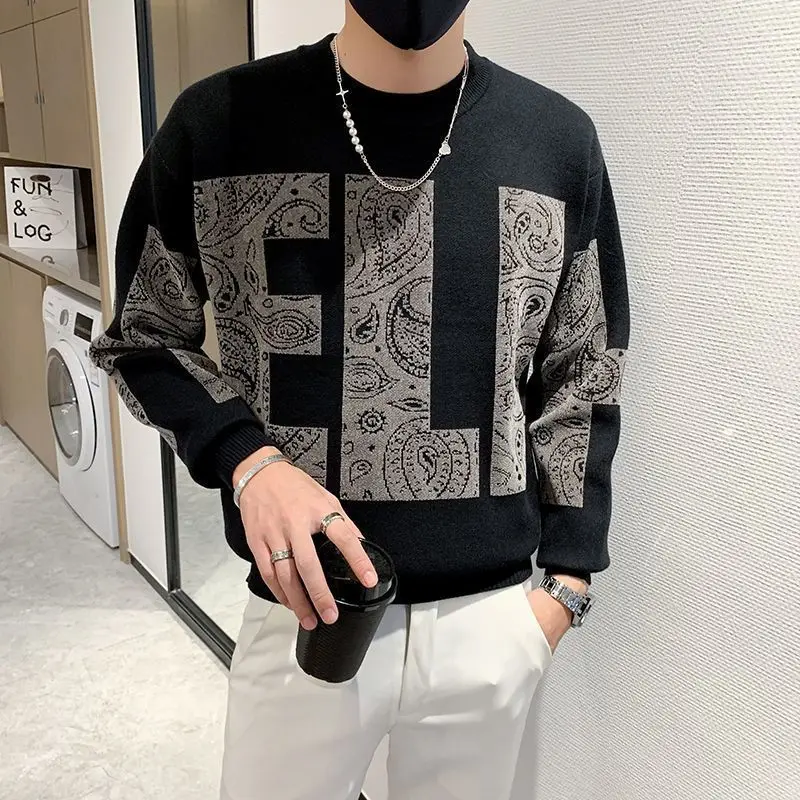 Mann Kleidung Brief Gestrickte Pullover für Männer Pullover Schwarz Runde Kragen Grafik Crewneck Mode 2024, Koreanische Warme Y2k Vintage X
