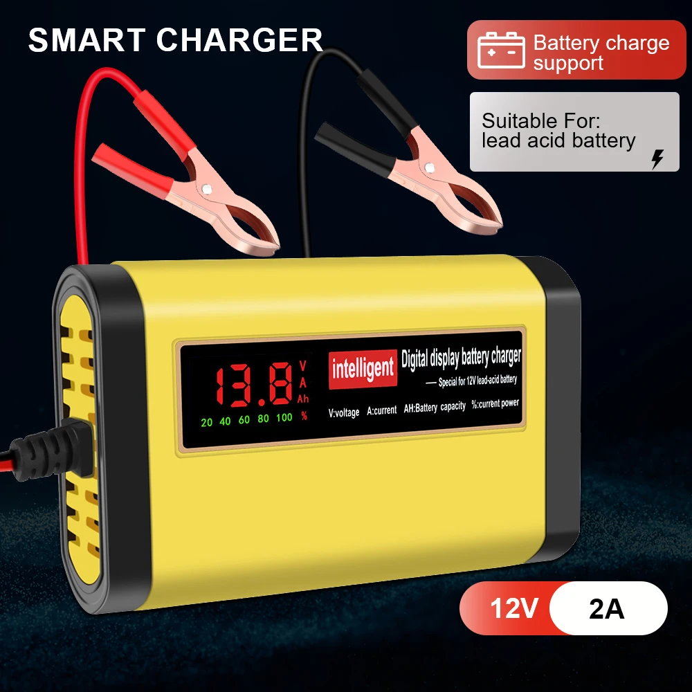 Carregadores de bateria automotiva 2a 12v, 3 estágios, reparo de pulso inteligente, manutenção de bateria de carro, armazenamento, dispositivo de carregamento de célula digital