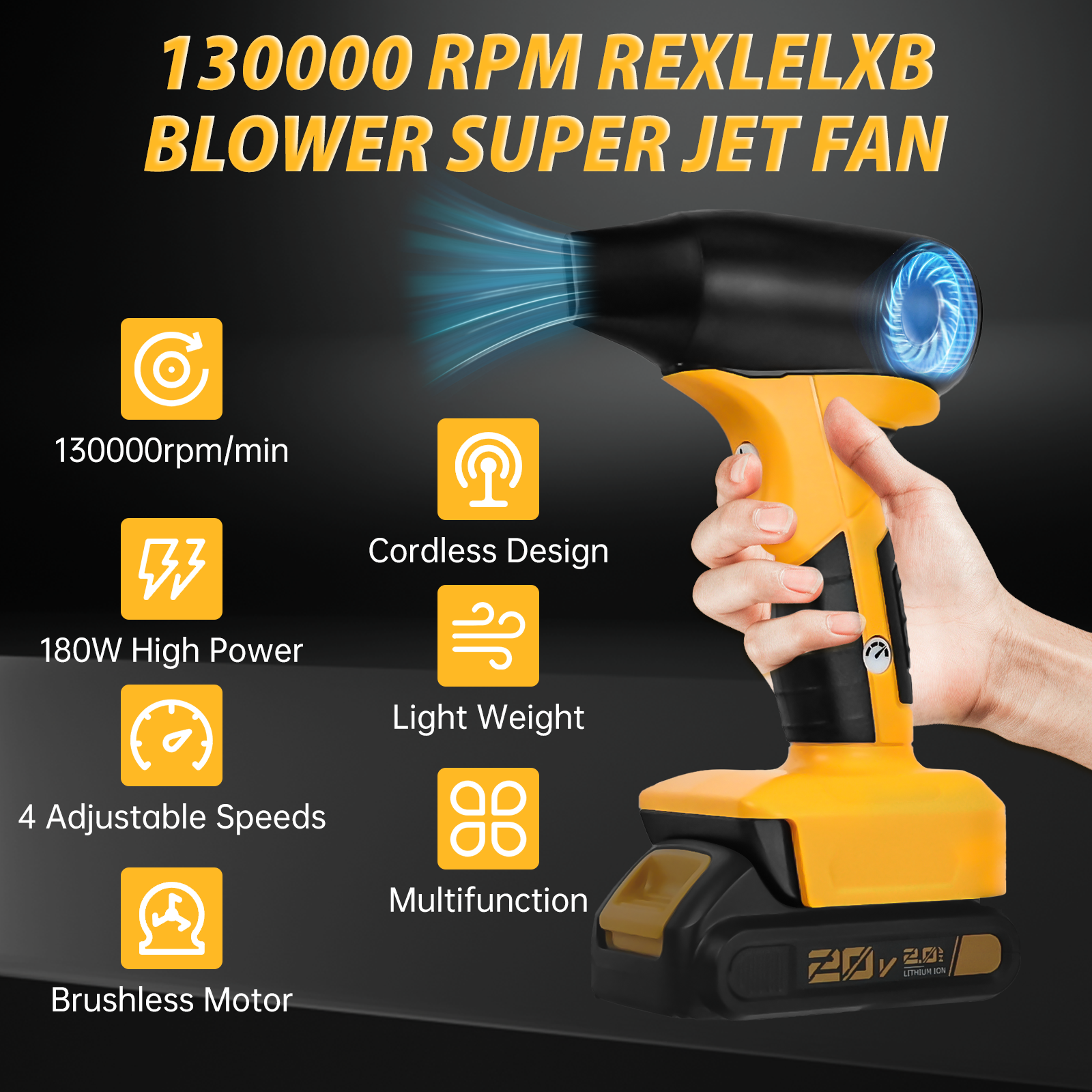 Jet Blower Brushless Violent Turbo Fan 130000RPM 4-Speed Control Wireless Handheld Fan For Dewalt 20V Battery (No Battery)