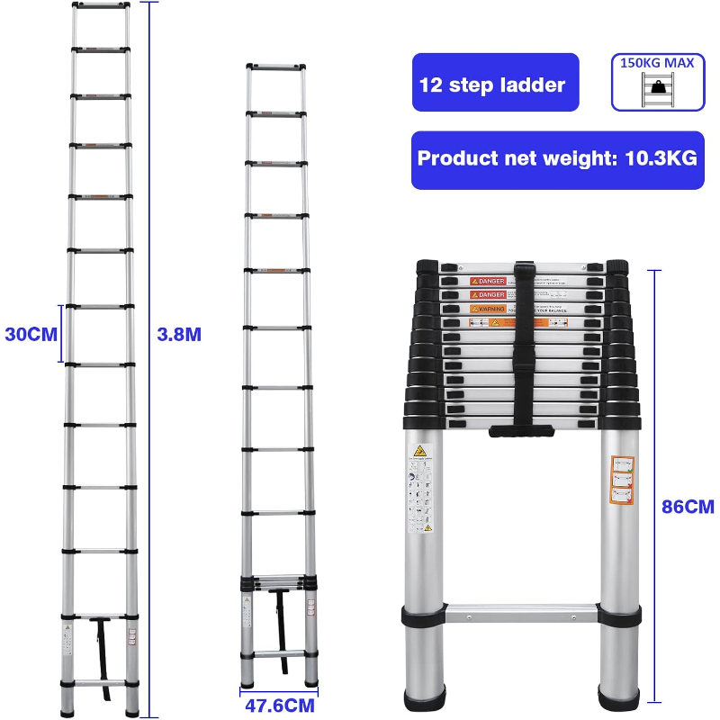 Aluminum Telescoping Portable Extension Ladder - 12.5FT Anti-Slip, Multi-Purpose Lightweight Folding Ladder for Home, Outdoor