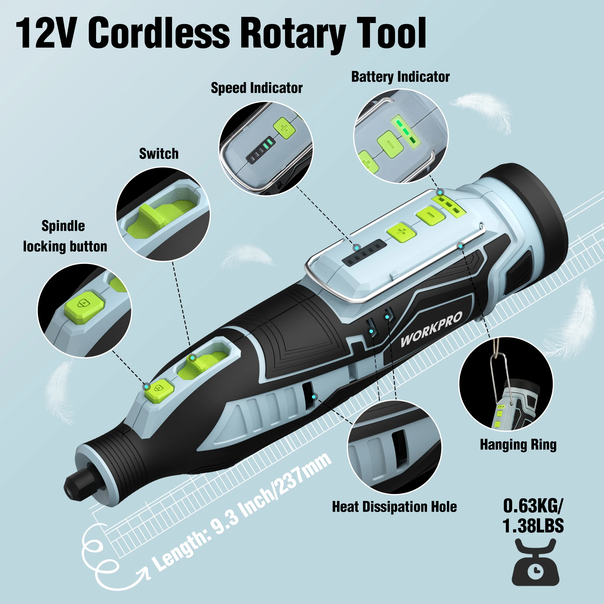 WORKPRO 12V Cordless Rotary Tool With Charger 5-speed 2.0Ah Mini Electric Grinder Machine Polishing Tools  & 114 Accessories