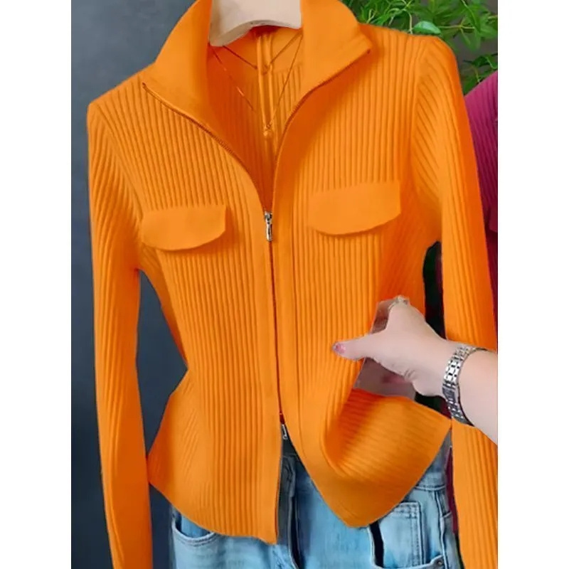 Cárdigan corto de punto con cremallera para primavera y otoño, abrigo versátil coreano, suéter con cuello vuelto, Color sólido, 2025