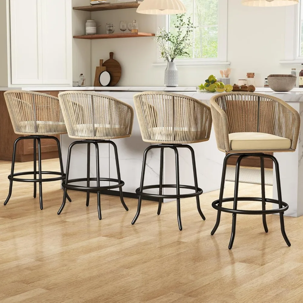 Counter Height Bar Stools Set of 4, Outdoor Bar Stools with Soft Cushions, Patio Rattan Swivel Bar Chairs for Backyard  Poolside