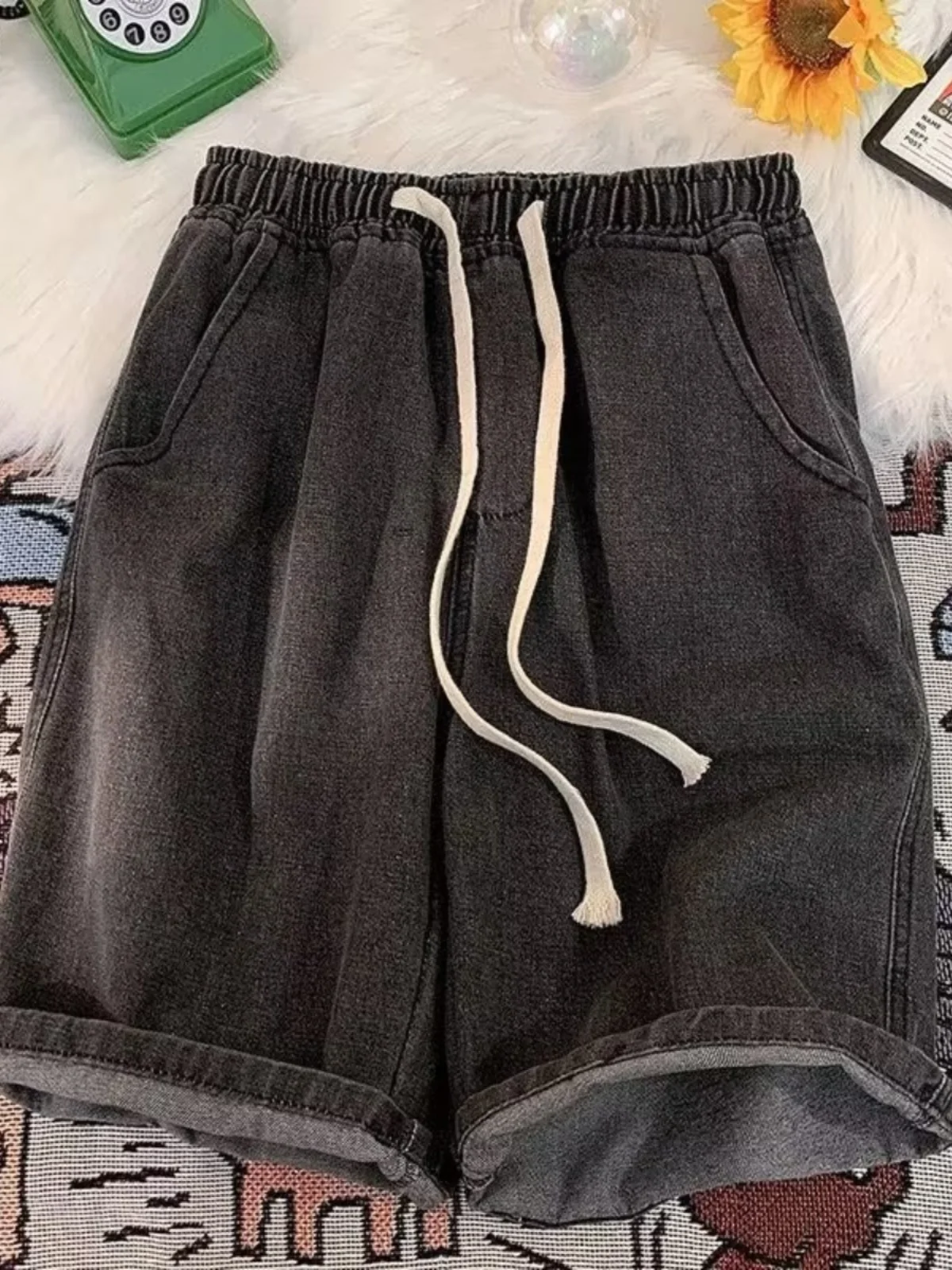 orts Jeans Fs de Cintura Alta, Modelagem Slim, Corte Reto, Estilo Solto de Verão, em Denim Fino de Cinco Polegadas, ...