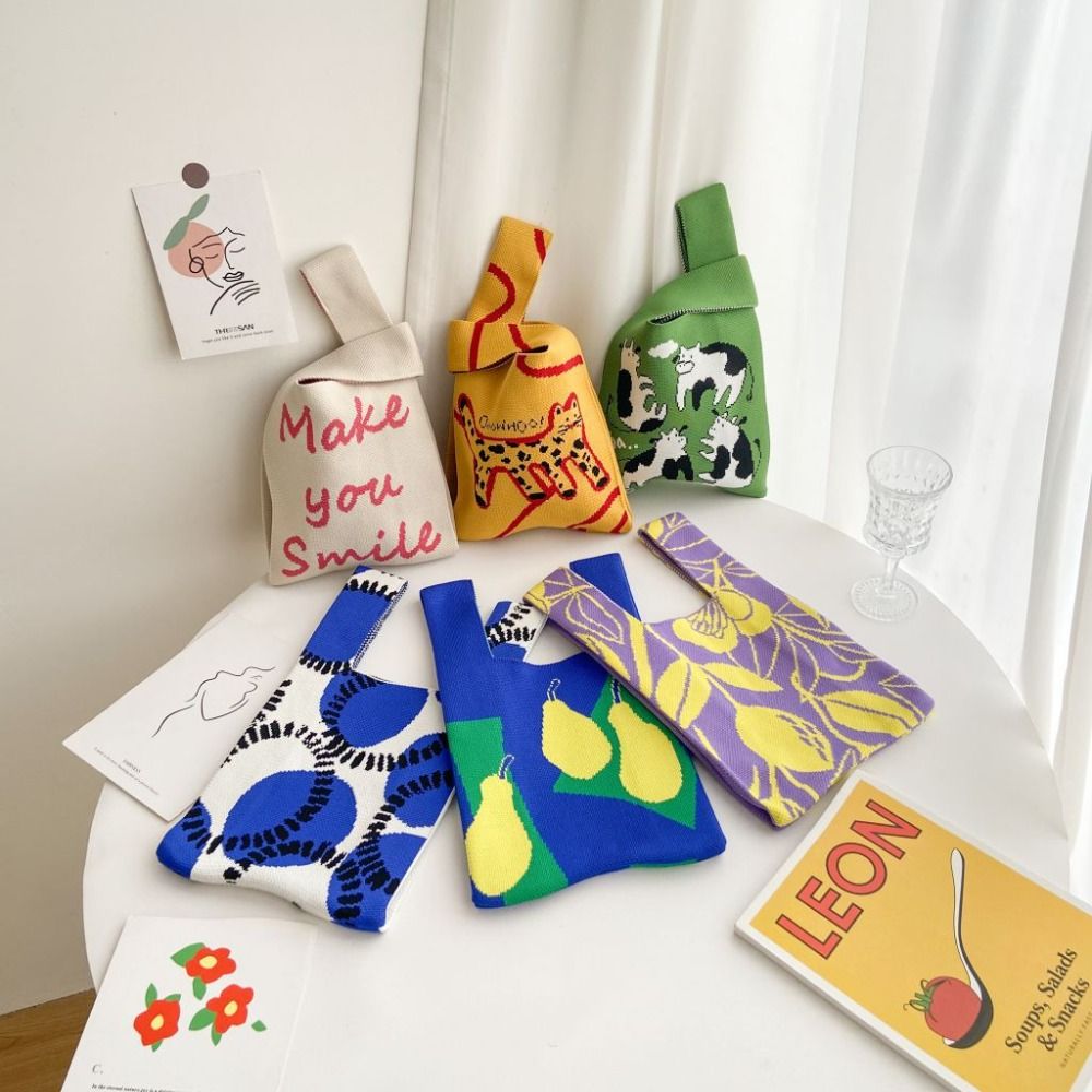 Bolso de mano de punto de gato para niñas, bolsos de compras hechos a mano, bolso de muñeca con nudo de alta capacidad, moda