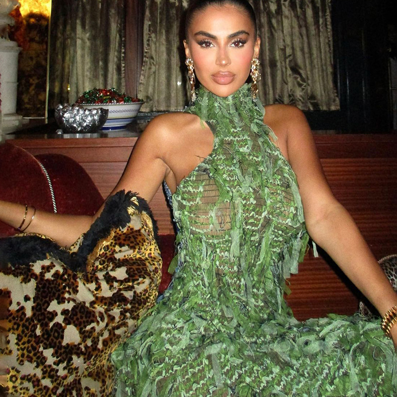 Tassel See Through High Neck Midi Dress Women Sexy Patchwork Halter Backless Sleeveless Irregular Party Prom Long Green Dresses