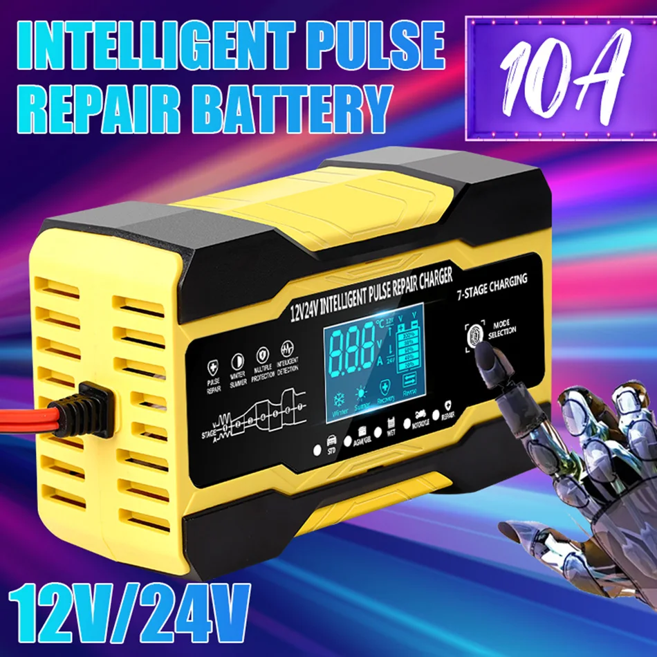 Ładowarka samochodowa Full Auto Motorcycle 12V 24V Pulse Repair LCD Display Smart Fast Charge AGM Deep Cycle GEL Ładowarka kwasowo-ołowiowa