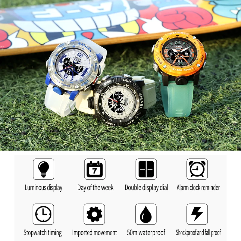 Relojes deportivos impermeables SMAEL reloj masculino pantalla LED Digital cronómetro analógico de cuarzo moda verde naranja reloj 8058 hombres reloj