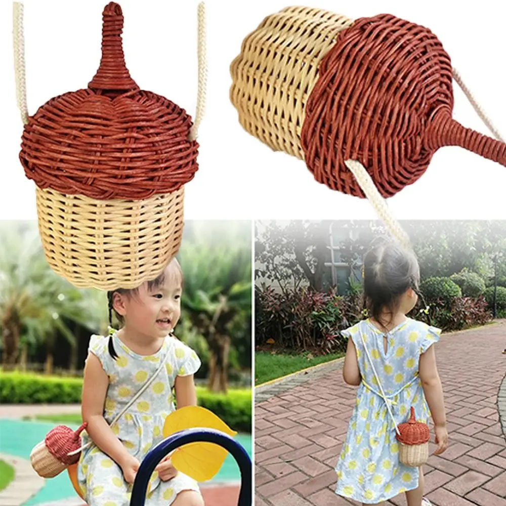 Pinecone-女の子のための織りの籐のハンドバッグ,ミニショルダーバッグ,ヴィンテージスタイル