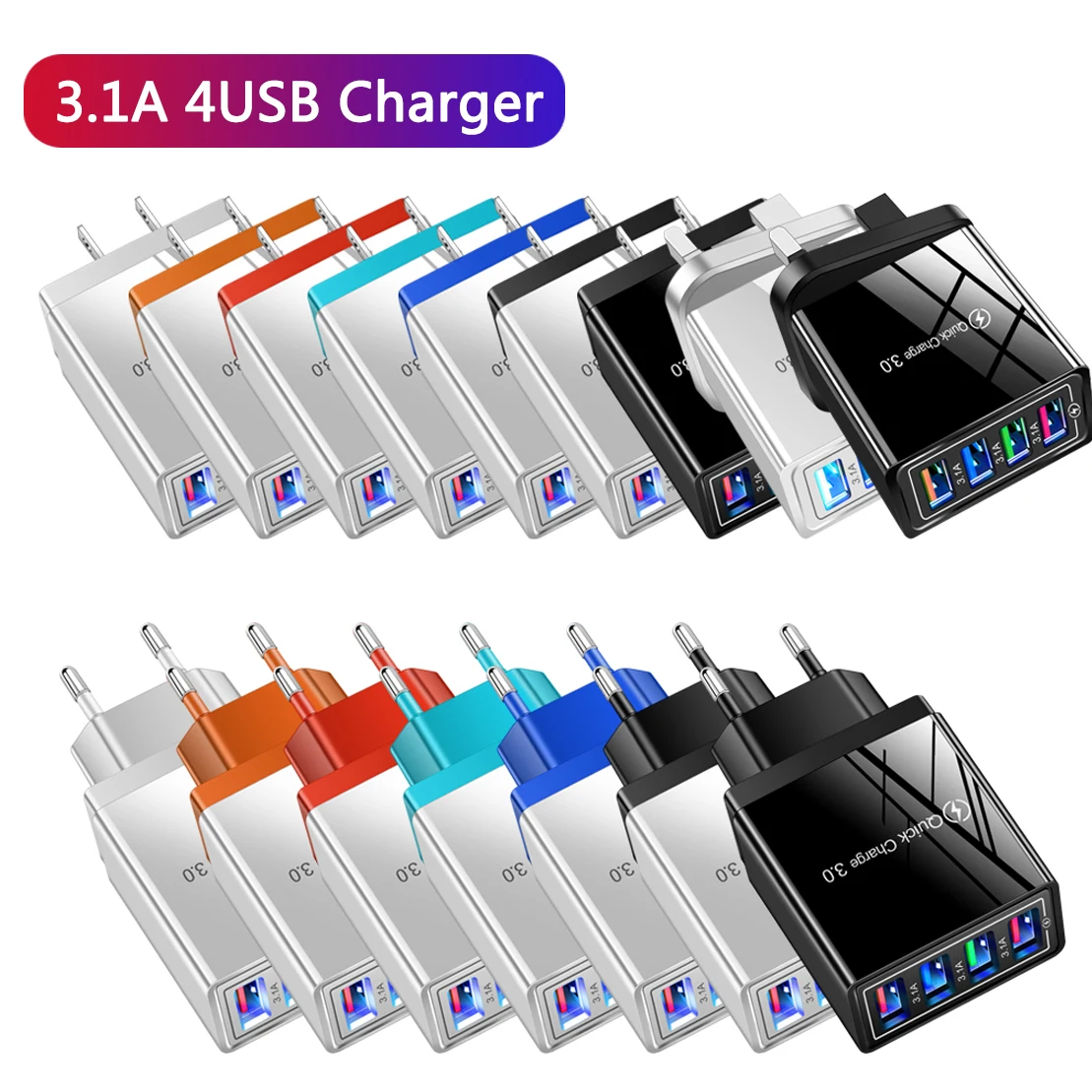 3.1A EU US 4 porte USB AC Home Travel Caricatore da muro Adattatori di alimentazione per IPhone 12 13 14 15 Pro Max Samsung Xiaomi Huawei