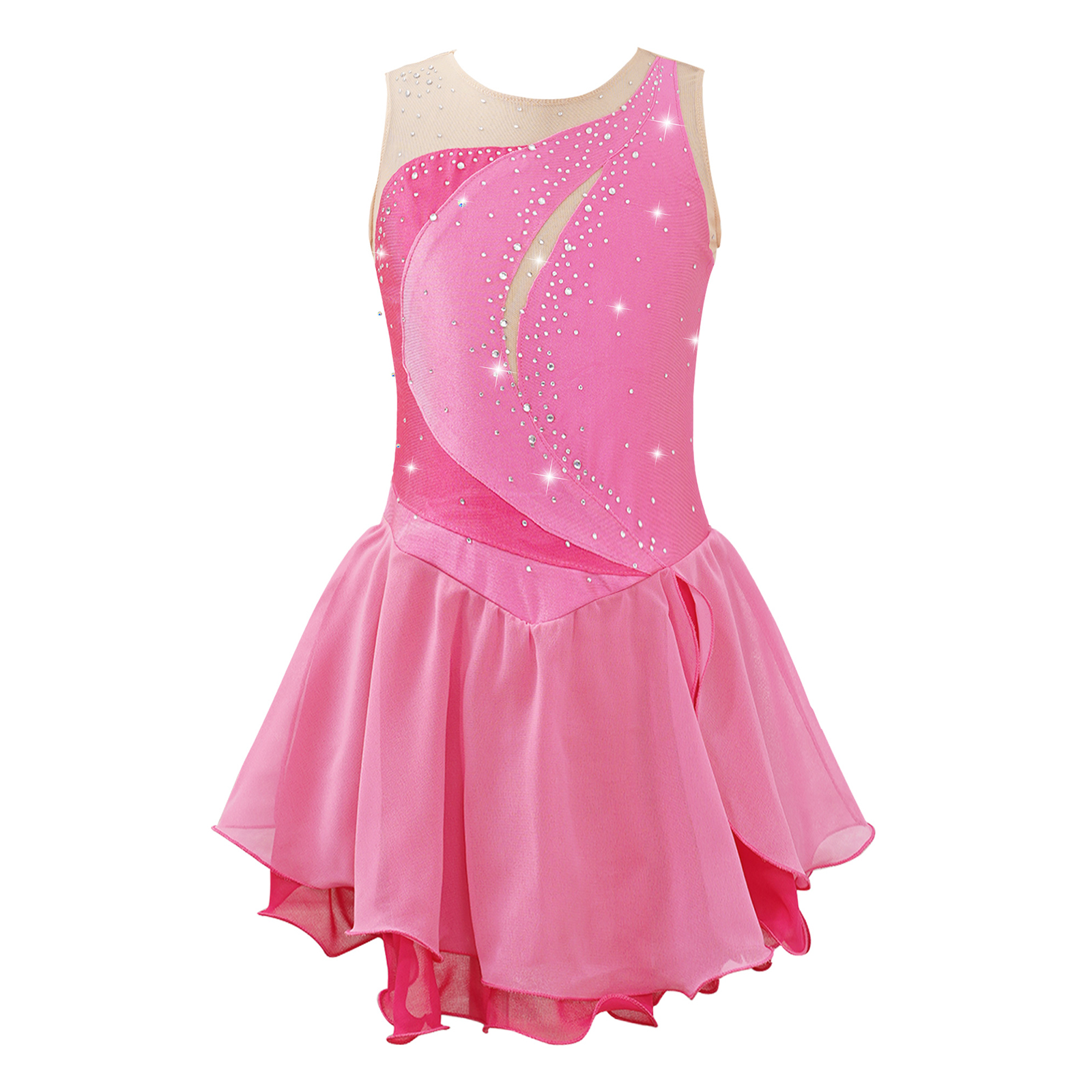 Kinder Mädchen Rüschen Eiskunstlauf Tanzkleid Gymnastik Ballett Lyrical Trikots Kleid Rundkragen Glänzende Strass Kleider