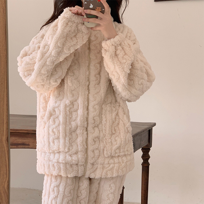 Tamanho grande conjunto de pijamas de flanela outono inverno feminino pijamas calças terno engrossar coral velo gola alta lounge wear homewear