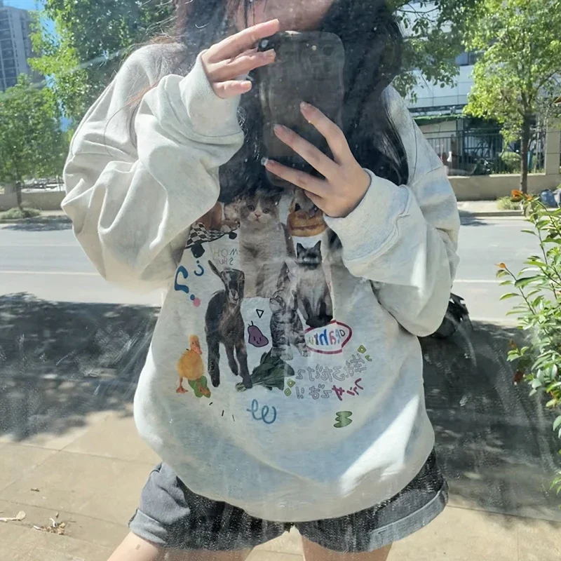 ミルク猫プリントトレーナー秋冬長袖ファッションストリート女性トップ原宿 Y2k 美的グラフィック女性服