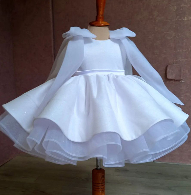 Weißes Blumenmädchenkleid für Hochzeit, knielang, lange Ärmel, Prinzessin, Kindergeburtstag, Erstkommunion, Baby-Ballkleid