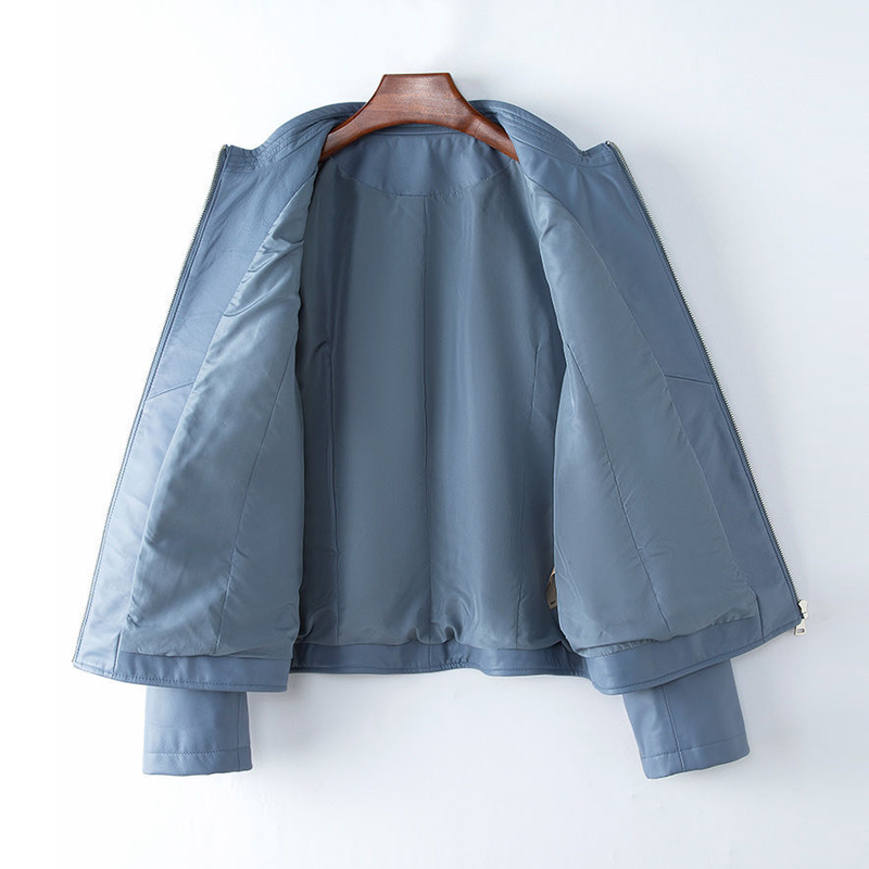 แจ็กเก็ตรองเท้าลำลองหนังแท้สีฟ้าสำหรับแฟชั่นสำหรับผู้หญิงคอตั้งมีซิปเสื้อแจ็คเก็ตหนังแกะแขนยาวแบบหลวมสำหรับผู้หญิง2024