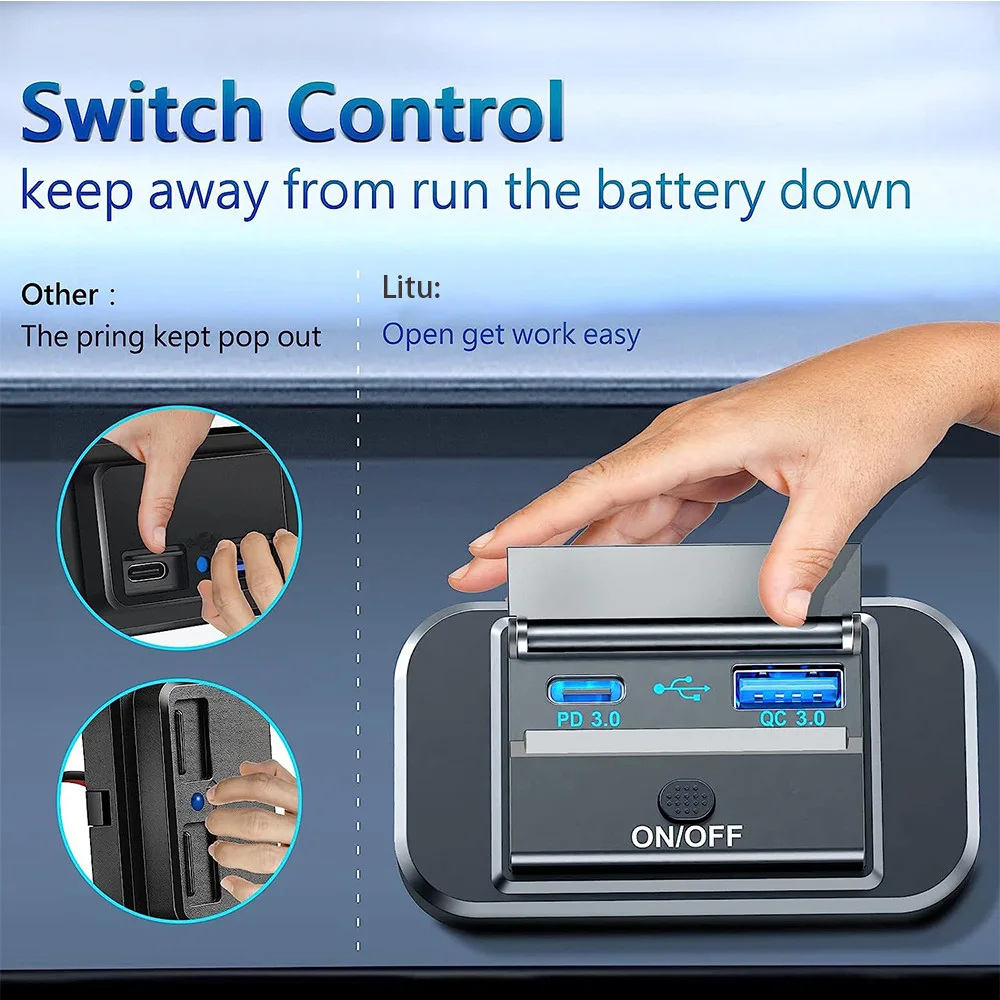 12/24V QC3.0 PD Autolader Socket Quick Charge Dual USB met AAN/UIT Outlet Panel Adapter voor Vrachtwagen Camper Caravan Accessoires