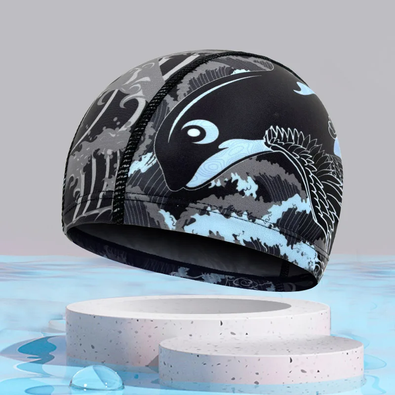 หมวกว่ายน้ํา Quick Dry Breathable พิมพ์หมวกว่ายน้ําสําหรับผู้ชายผู้หญิงผมยาวป้องกันหูผู้ใหญ่หมวกว่ายน้ําอุปกรณ์สระว่ายน้ํา
