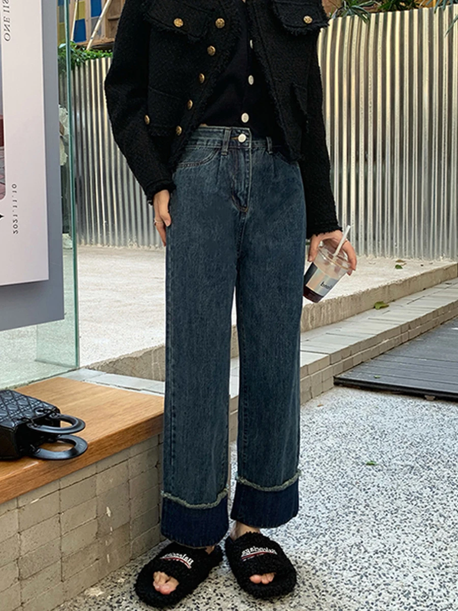 플러스 사이즈 빈티지 청바지 여성용 하이 웨이스트 스트레이트 레그 와이드 레그 롱 팬츠 루즈핏 슬리밍 디자인 Sensibility Drag-Trail