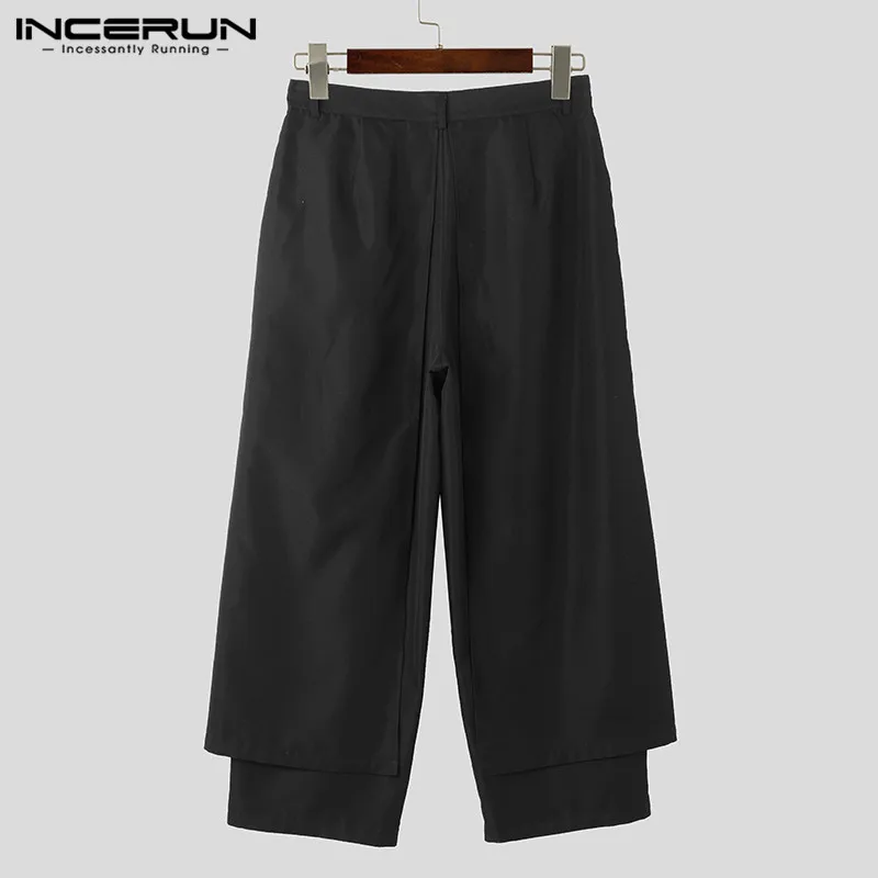 INCERUN เสื้อกันหนาวผู้ชายไม่สม่ําเสมอกางเกงสีทึบ Joggers หลวมปุ่มสบายๆกางเกงขากว้างผู้ชาย 2024 กางเกงแฟชั่น