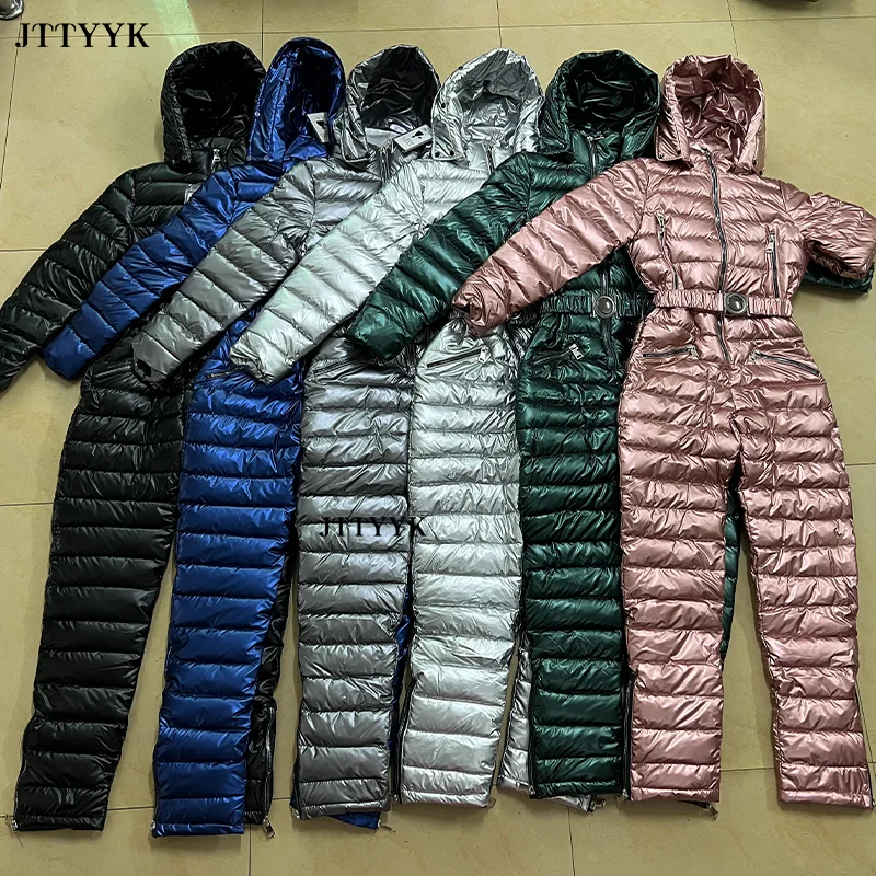 Traje de esquí de una pieza para mujer, chaquetas de invierno, Parka con capucha, mono de algodón para mujer, monos con fajas, monos con cremallera, chándales