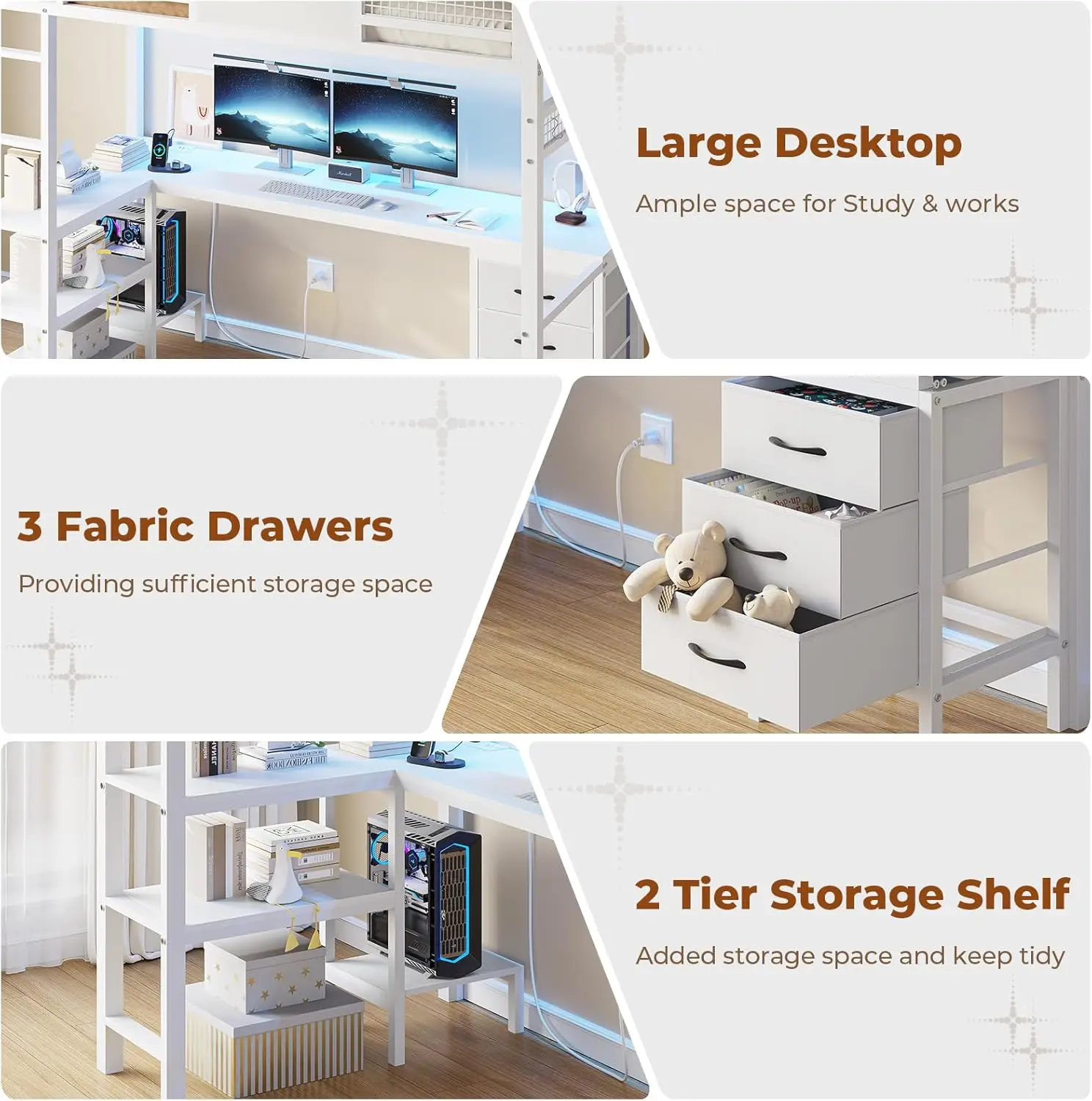 Loft Bed with L-Shaped Desk, Metal Twin Size Bed Frame with LED Lights & Charging , 3 Fabric Drawers, 2-Tier Storage