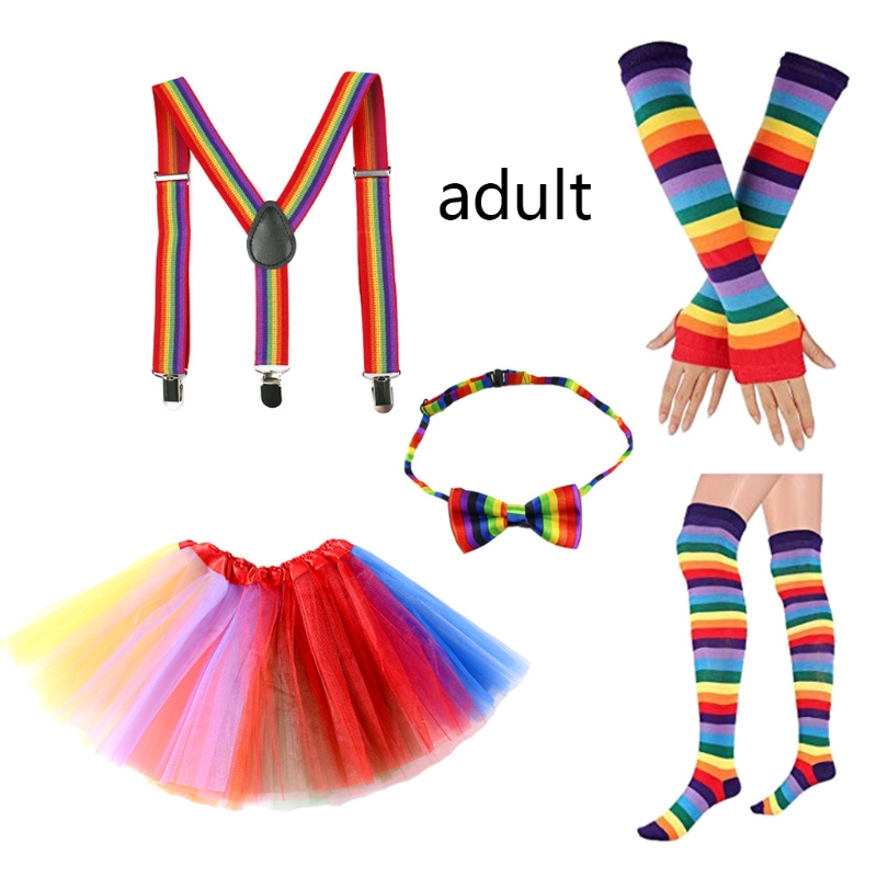 Conjunto accesorios disfraz arcoíris para niños y adultos, falda tutú tul, guantes sin dedos, calcetines largos,