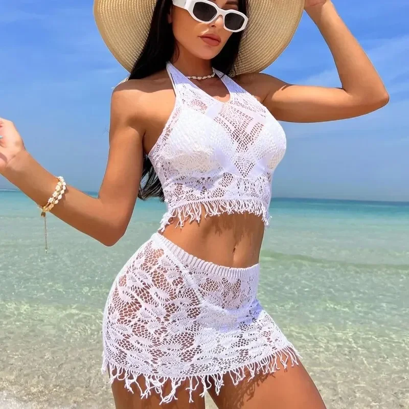 Robe de plage en résille pour femmes, 2 pièces, sexy, ajourée, avec pompons, transparente, sans bikini