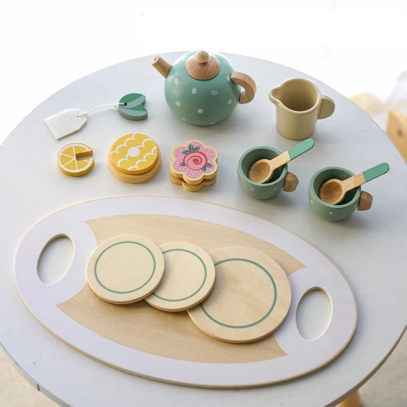 Tea Party Tableware ไม้หัตถกรรมของเล่น Pretend Play ชุดสําหรับเด็กวัยหัดเดินเด็กของขวัญวันเกิดโปรดปรานของเล่นของขวัญ